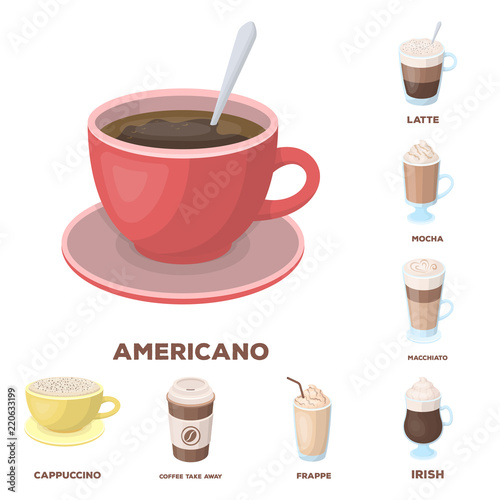 Different kinds of coffee cartoon icons in set collection for design. Coffee drink vector symbol stock web illustration.