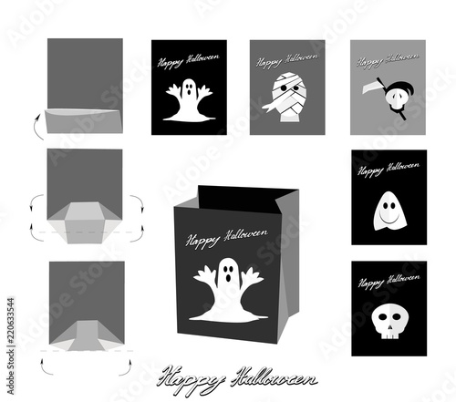 Illustration Set of Mummy, Ghost and Psychopomp with Paper Bag Mock Up, Package Design For Halloween Celebration Party. photo