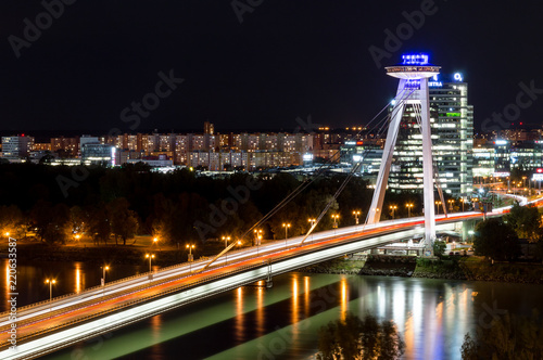 View of Bratislava's UFO bridge at night