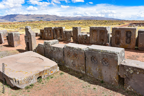 Elaborate stone carving in megalithic stone at Puma Punku, part of the Tiwanaku archaeological complex, a UNESCO world heritage site near La Paz, Bolivia. photo