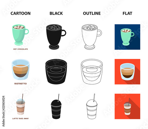 Ristretto, hot chocolate, latte take-away.Different types of coffee set collection icons in cartoon,black,outline,flat style vector symbol stock illustration web.