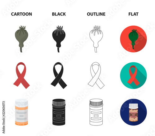 AIDS tape, tablets, opium poppy, a tube for hashish.Drug set collection icons in cartoon,black,outline,flat style vector symbol stock illustration web.
