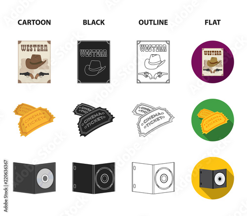 Western cinema, tickets, sweet cotton wool, film on DVD.Filmy and cinema set collection icons in cartoon,black,outline,flat style vector symbol stock illustration web.