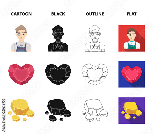 Jeweler, pliers, gold ore, garnet in the form of heart. Precious minerals and jeweler set collection icons in cartoon,black,outline,flat style vector symbol stock illustration web.