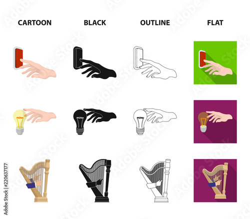 Electric switch button, incandescent lamp and other web icon in cartoon,black,outline,flat style. harp playing, Megaphone in hand icons in set collection.