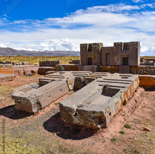 Elaborate carving in megalithic stone at Puma Punku, part of the Tiwanaku archaeological complex, a UNESCO world heritage site near La Paz, Bolivia. photo