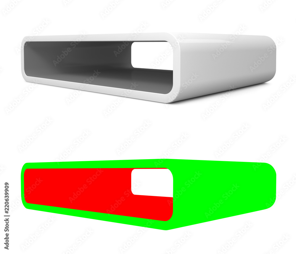 Modular 3D rendered shelves for product placement. Elongated white element with grey inner space and shadow, on white background.With RGB mask Modular 3D rendered shelves for product placement. Elongated white element with grey inner space and shadow, on white background.With RGB mask