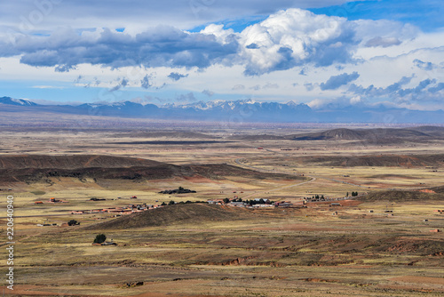 Panoramic view across the altiplano and the mountains of the Cordillera Real, near La Paz, Bolivia