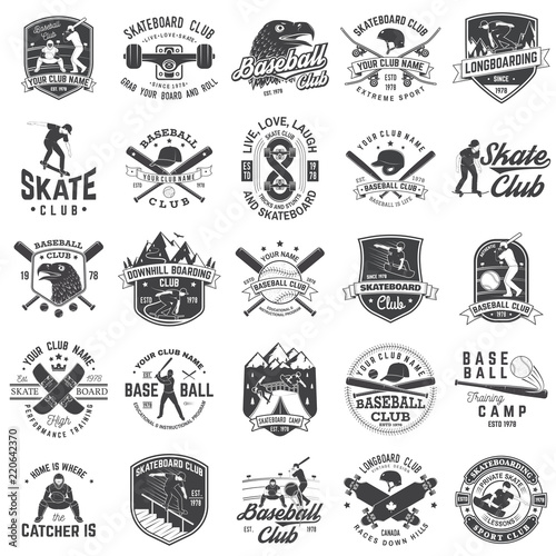 Set of baseball and skateboard club badge. Vector illustration. Concept for shirt or logo, print, stamp or tee.