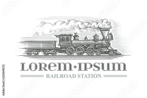 Hand drawn vintage locomotive engraving style. Vector. Text outlined. 