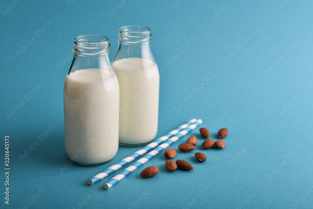 Almond milk in bottles Almond milk in bottles
