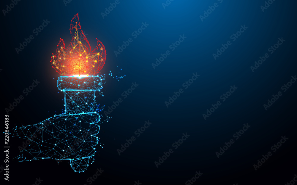 Hand holding torch flame form lines, triangles and particle style design. Illustration vector - obrazy, fototapety, plakaty 