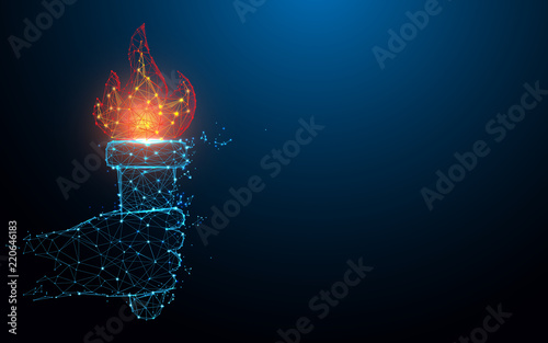 Hand holding torch flame form lines, triangles and particle style design. Illustration vector