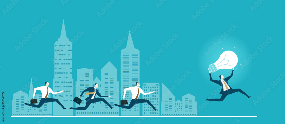 Group of business people running and competing with each other in the city. 