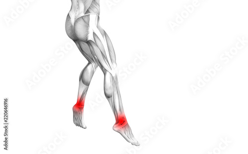 Conceptual ankle human anatomy with red hot spot inflammation or articular joint pain for leg health care therapy or sport muscle concepts. 3D illustration man arthritis or bone osteoporosis disease © high_resolution