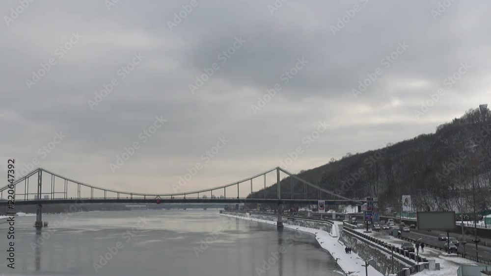 Dnieper River and the Pedestrian Bridge in Kiev. Winter Day Dnieper River and the Pedestrian Bridge in Kiev. Winter Day
