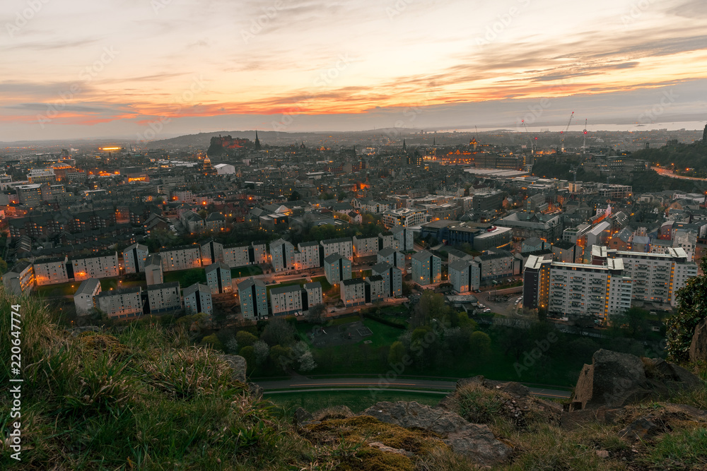 Sunset colours and top view of Edinburgh city from Arthur's Seat in Holyrood Park