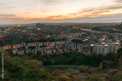 Sunset colours and top view of Edinburgh city from Arthur's Seat in Holyrood Park