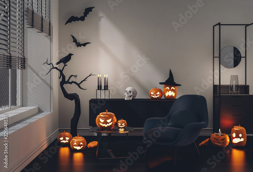 3D render Halloween party in living room  with pumpkins, jack-o-lantern