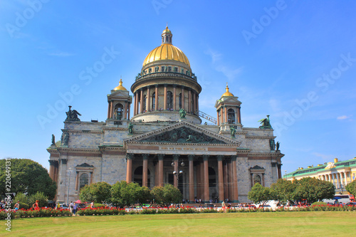 Saint Isaac's Cathedral in St. Petersburg, Russia on Summer Day. Active Church and Museum Building Architecture, Saint Isaac Cathedral Popular European Travel Attraction on Blue Sky Background. 