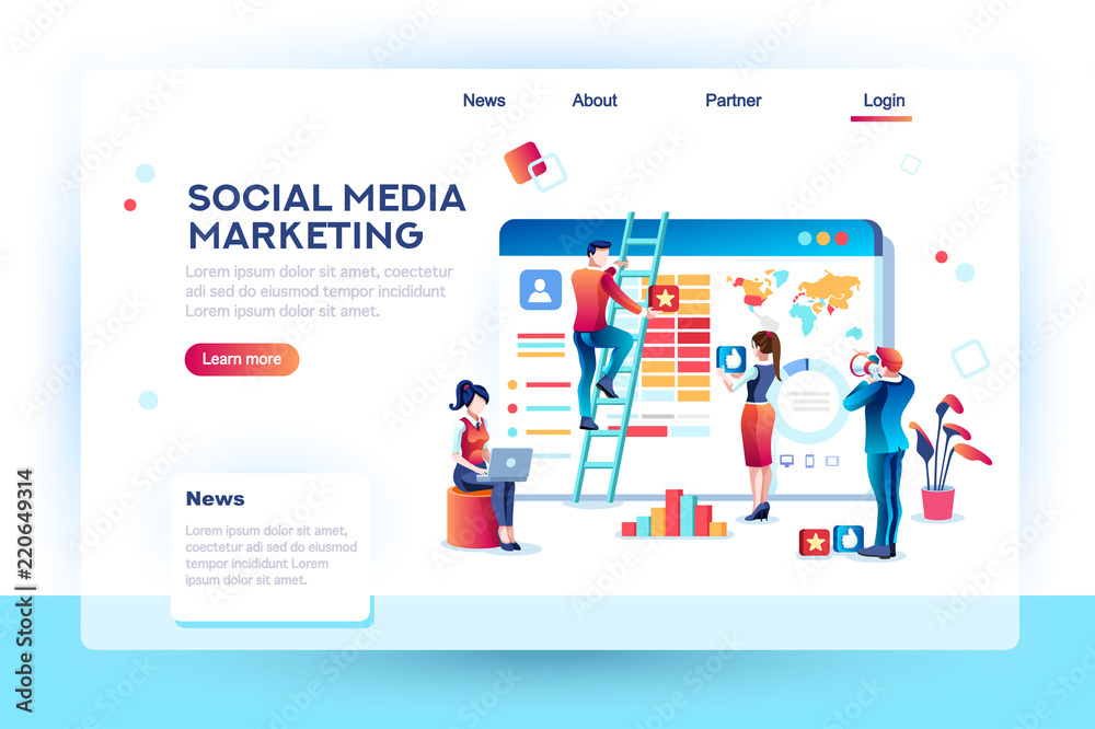 Promotion organization and analytics. Analyzing plan, content analysis of customer audience for advertising. A like from advertisement target concept with character. Flat isometric vector illustration