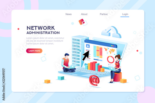 Data center repair information, administrator on network, lan concept. Character monitor and support, admin of website. Banner infographic icons flat isometric emblem flowchart vector illustration.