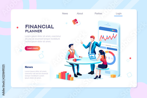 Business adviser team. Management of investment, meeting, account, consultant discussion. Data income graph professional analyzing, financial analyst concept. Characters on flat isometric illustration