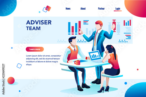 Analyst, financial banner. Planner, corporate earning calculate, data discussion. Consultant concept, characters, text on flat isometric emblem. Flowchart icons, infographic images vector illustration