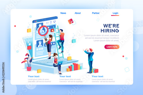 Social presentation for employment. Infographic for recruiting. Web recruit resources, choice, research or fill form for selection. Application for employee hiring. flat isometric vector illustration.
