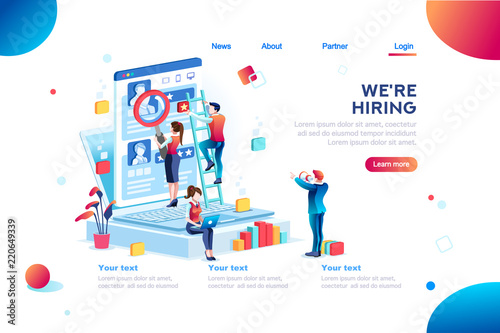 Social presentation for employment. Infographic for recruiting. Web recruit resources, choice, research or fill form for selection. Application for employee hiring. flat isometric vector illustration.