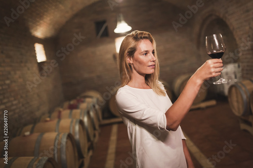 Beautiful woman oenologist tasting wine