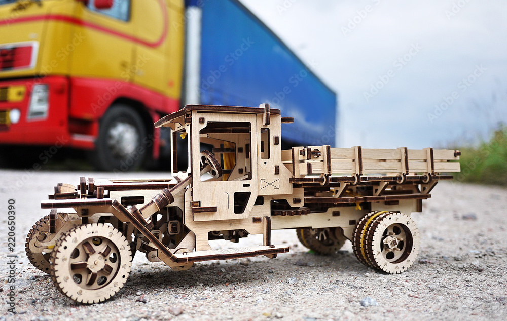 Truck model made of wood. This toy truck (35 cm long) made entirely of wood and without glue