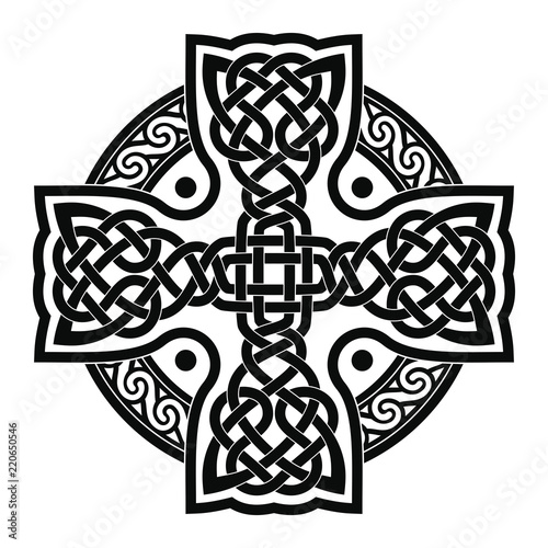 Celtic national cross with ornament interlaced ribbon isolated on white background. Element for graphic design and tattoo.