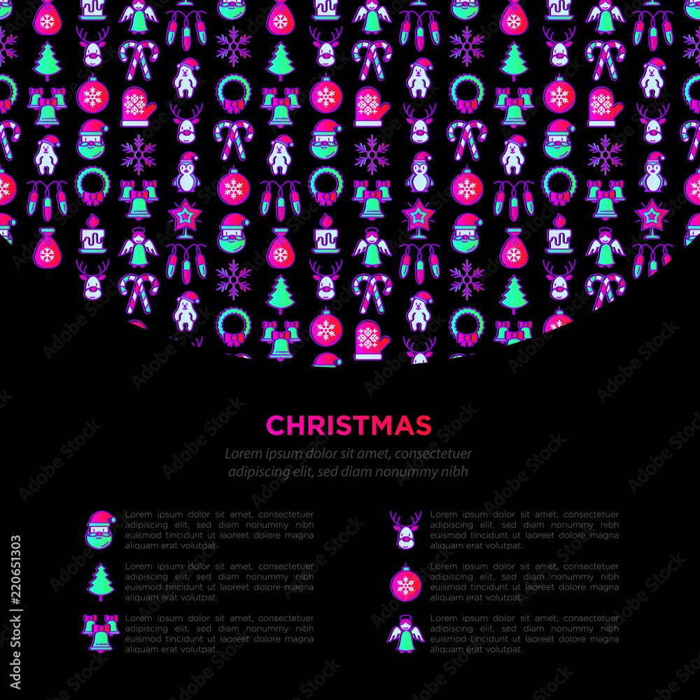 Christmas concept with thin line icons: Santa Claus, snowflake, reindeer, wreath, bells, polar bear in hat, angel, mitten, penguin, garland. Vector illustration for banner, print media template.