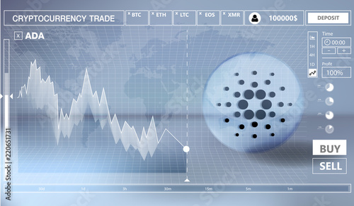 Cryptocurrency icon trading interface design on blue background:ADA icon