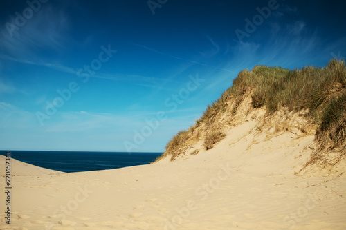 Landscape nature sand dunes with grass and sand texture in summer and bright light. Rubjerg Knude Lighthouse, Lønstrup in North Jutland in Denmark, Skagerrak, North Sea