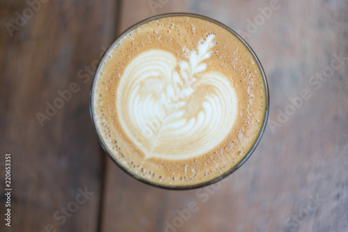 top view latte art on wood table