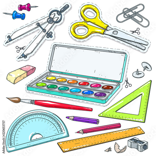 Vector illustration. Set for study, paint and brush, a compass, scissors and a pencil