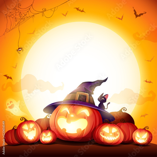 Halloween Celebration Fun Party. Jack O Lantern party. Halloween pumpkin patch in the moonlight. 