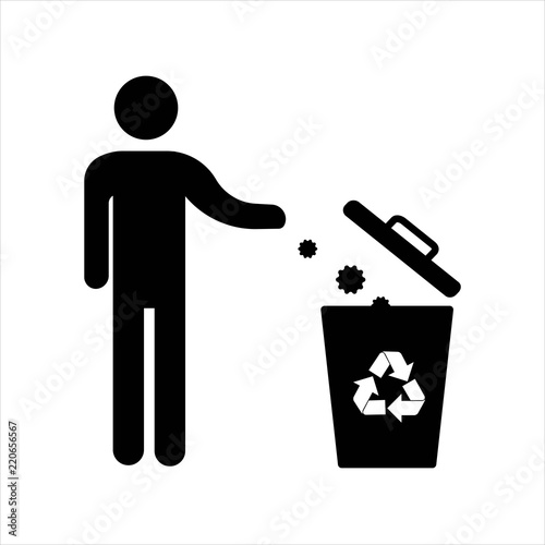 Keep clean and recycle icon. Man drop junk in trash can icon isolated on white background. Vector illustration.