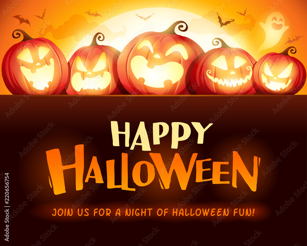 Fototapeta premium Happy Halloween. Jack O Lantern party. Halloween pumpkin patch in the moonlight. 