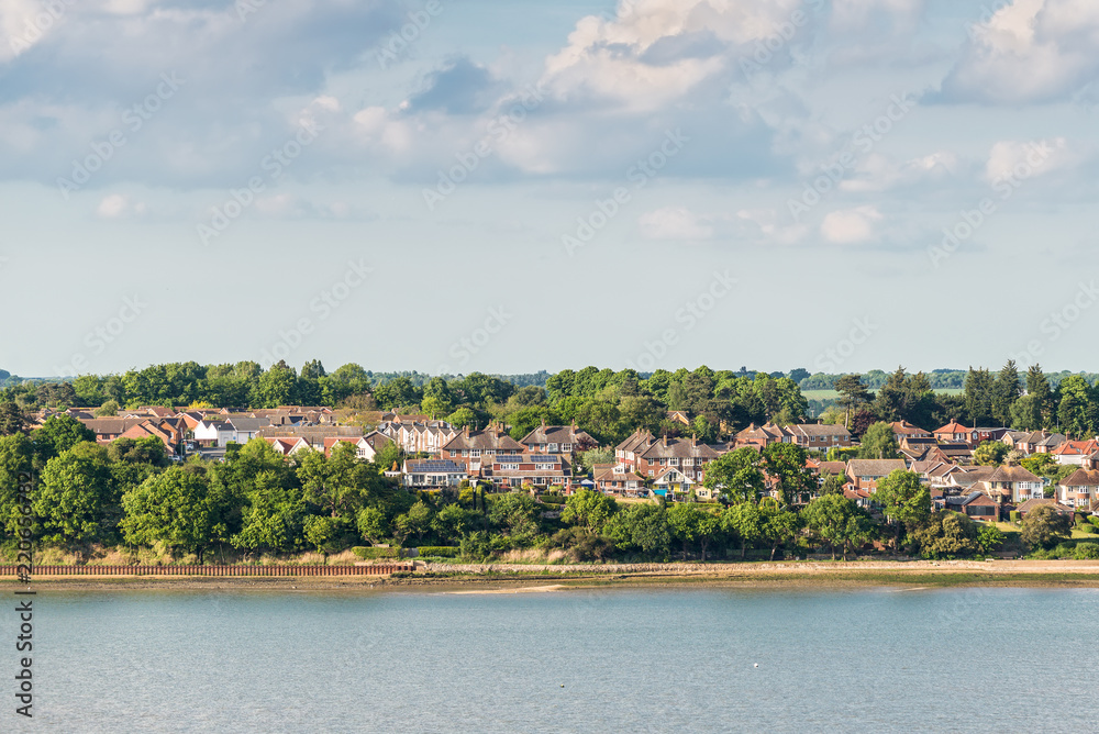 A high viewpoint of the Shotley peninsula coastline taken from cruise ship in Ipswich, England, United Kingdom