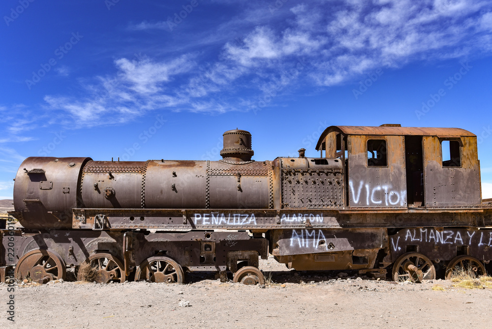 Rusting locomotive engines in the Cemeterio de Trenes (Train Cemetery), Uyuni, Potosi department, Bolivia Rusting locomotive engines in the Cemeterio de Trenes (Train Cemetery), Uyuni, Potosi department, Bolivia