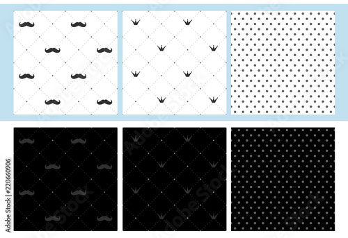 Set of 6 seamless patterns with mustache, crown and dots. Little man print party decoration. Wrap a father's gift. Dark and light classic fabric. Royal design for king/prince birth. Stag party invite