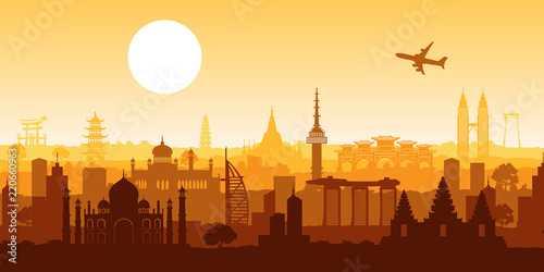 Asia famous landmark silhouette style with row design on sunset time,vector illustration