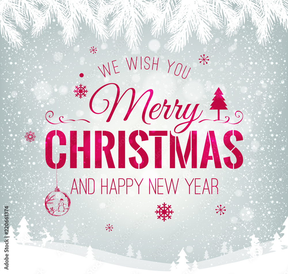 Christmas and New Year typographical on background with winter landscape with snowflakes, light, stars. Xmas card Christmas and New Year typographical on background with winter landscape with snowflakes, light, stars. Xmas card