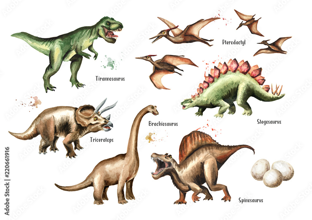Dinosaur set. Watercolor hand drawn illustration, isolated on white background