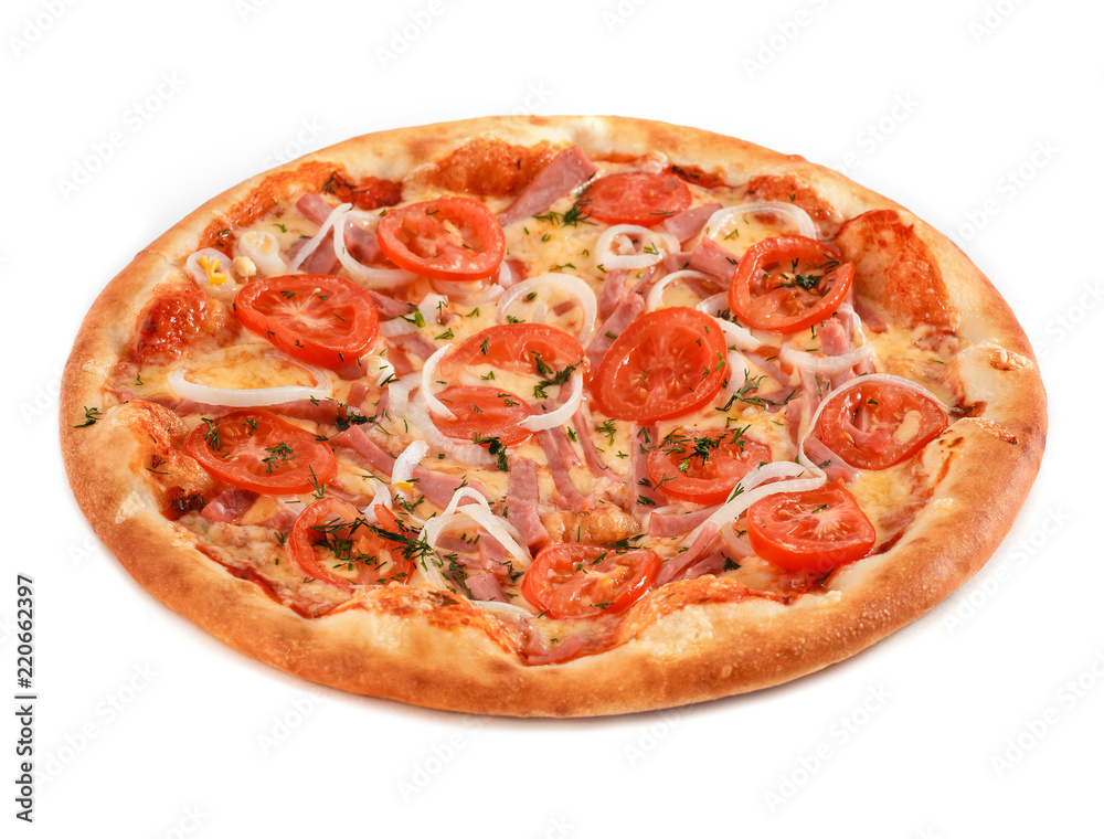 Pizza with ham, tomatoes, onion and greens isolated on white