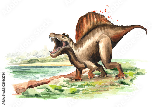 Spinosaurus dinosaur  in prehistorical landscape. Watercolor hand drawn illustration  isolated on white background