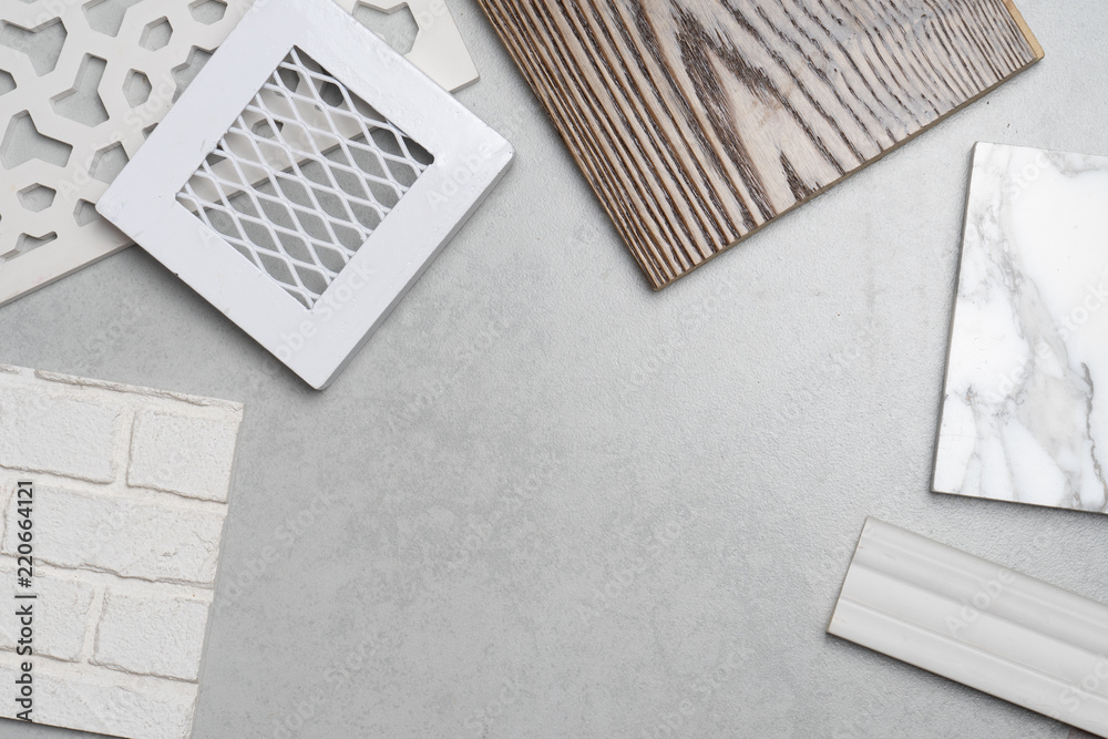 samples of material, wood , on concrete table.Interior design select material for idea. samples of material, wood , on concrete table.Interior design select material for idea.